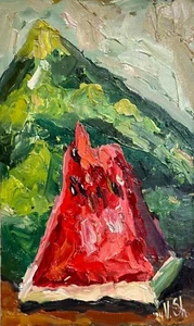 Sandía Fruta Original Pintura al Óleo Naturaleza muerta Arte Comida Redondo Firmado Cocina - Imagen 1 de 8