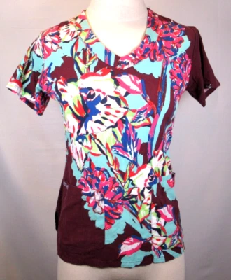 Womens Greys Anatomy Scrub Top Maroon With Bright Floral Print XS Extra Small - Image 1 of 4