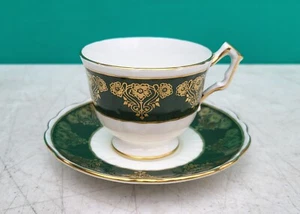 Aynsley Bone China Cup & Saucer 2903 Green w Art Nouveau Floral Gold Filligree - Picture 1 of 16