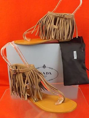 NIB PRADA 1Y703F BEIGE SUEDE FRINGE TRIMMED DOUBLE BUCKLE THONG FLAT SANDALS 36 - Image 1 of 4