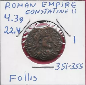 ROMAN EMPIRE,FOLLIS 351-355 CONSTATINE II(337-361)SOLDIER SPEARING FALLEN HORSEM - Picture 1 of 2