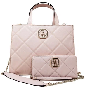 NEW GUESS Women's Light Pink Patent Quilted Large Tote Bag Handbag & Wallet Set - Picture 1 of 7