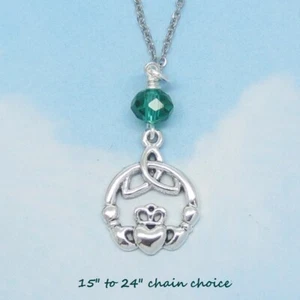 Green Crystal Claddagh Necklace Celtic Heart Silver 10089nkf - Picture 1 of 5