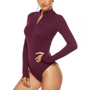 Women Mock Turtle Neck Bodysuit Long Sleeve Ribbed Stretch Basic Body Suit Tops - Picture 1 of 12