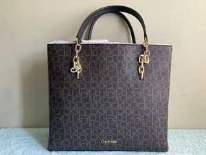 Calvin Klein logo brown leather gold tone chain hand strap shoulder bag / Purse - Picture 1 of 14