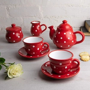 City to Cottage® Red and White Polka Dot Handmade Ceramic Teapot, Milk Jug, Suga - Picture 1 of 8