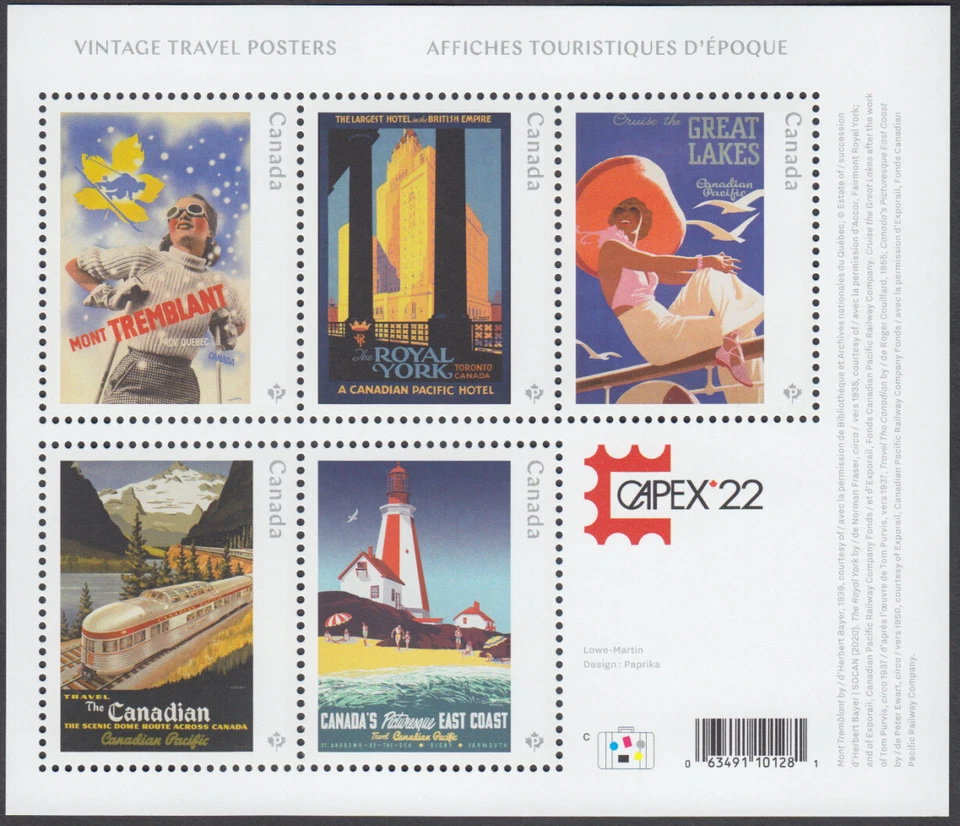 Canada  - #3333f Vintage Travel Posters Souvenir Sheet W/ Capex'22 OP - 2022-MNH - Image 1 of 1
