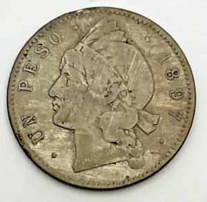 1897 Dominican Republic 1 Peso Silver .350 KM#16 Philadelphia Mint Coat of Arms - Picture 1 of 2