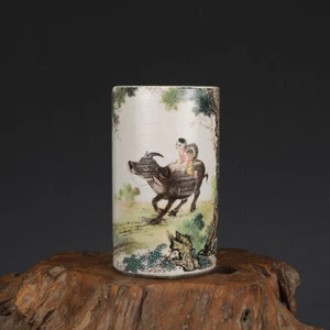 5.31” Porcelain Republic China Famille Rose Cowherd Boy Riding Cattle Brush Pots - Picture 1 of 8