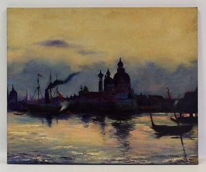 Alrededor de 1920-1940 pintura antigua, Venecia al amanecer, óleo, firmada - Imagen 1 de 8