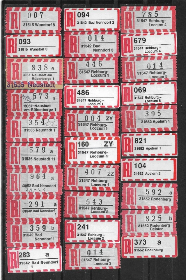 R-Zettel/BRD/5-stellige PLZ/ 31516 Wunstorf 8 - 31552 Rodenberg (30 versch.) - Bild 1 von 1