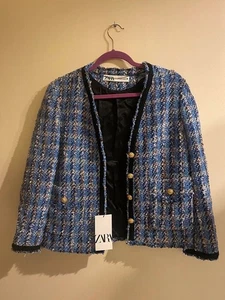 A996 ZARA BLAZER BLUE TWEED GOLD BUTTONS FRAYED JACKET COAT LARGE - L - Bild 1 von 15