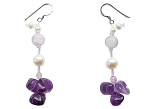 Real freshwater pearls & purple amethyst violet 925 silver hooks floral earrings - Picture 1 of 5