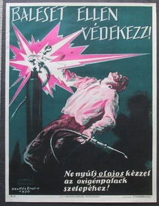 Original Ungarisches Sicherheitsplakat von 1936 mit Schweißer von Hollos Endre - Bild 1 von 6