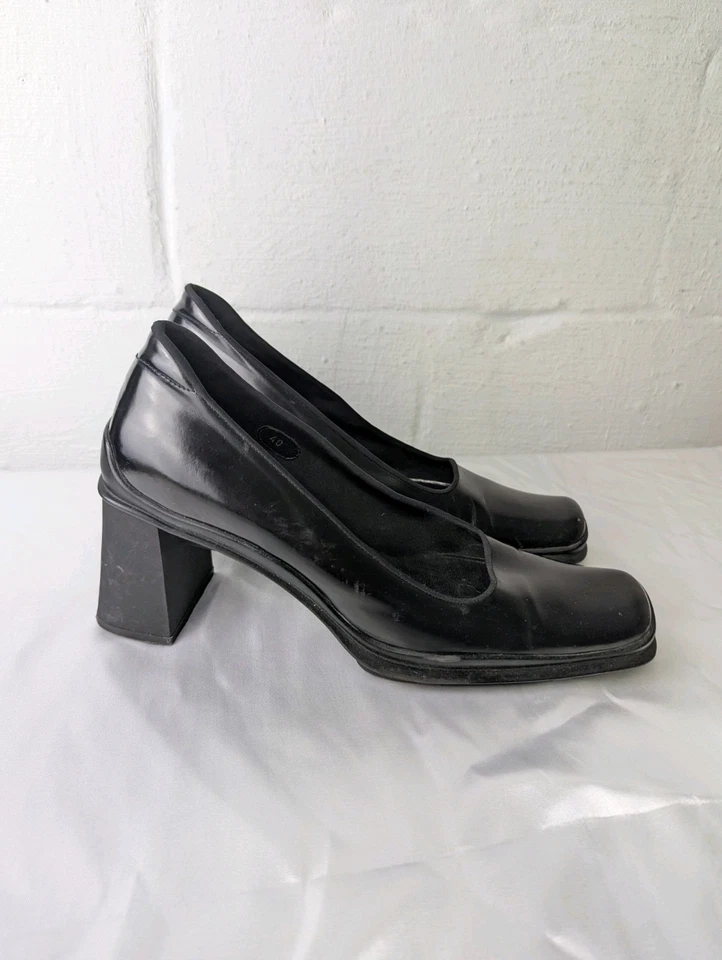 Prada винтажный черный кожаный блок каблук насосы дизайнер ретро размер 40 - Изображение 1 из 4