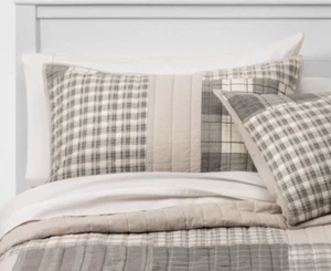 Threshold  Flannel Patchwork Sham Gray and Tan Pillow Sham, Standard - Picture 1 of 1