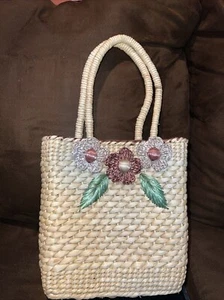 Korbgeflecht Handtasche braun Blumen gefüttert Frühling Sommer - Bild 1 von 6
