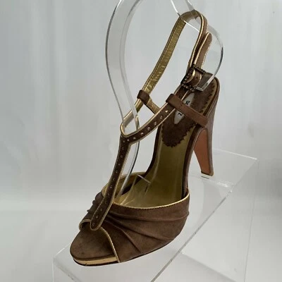 Sandalias Schutz Tacones Cuero Marrón Correa en T Punta abierta Estrás Borde Talla 6B NUEVAS Foto 1 de 4