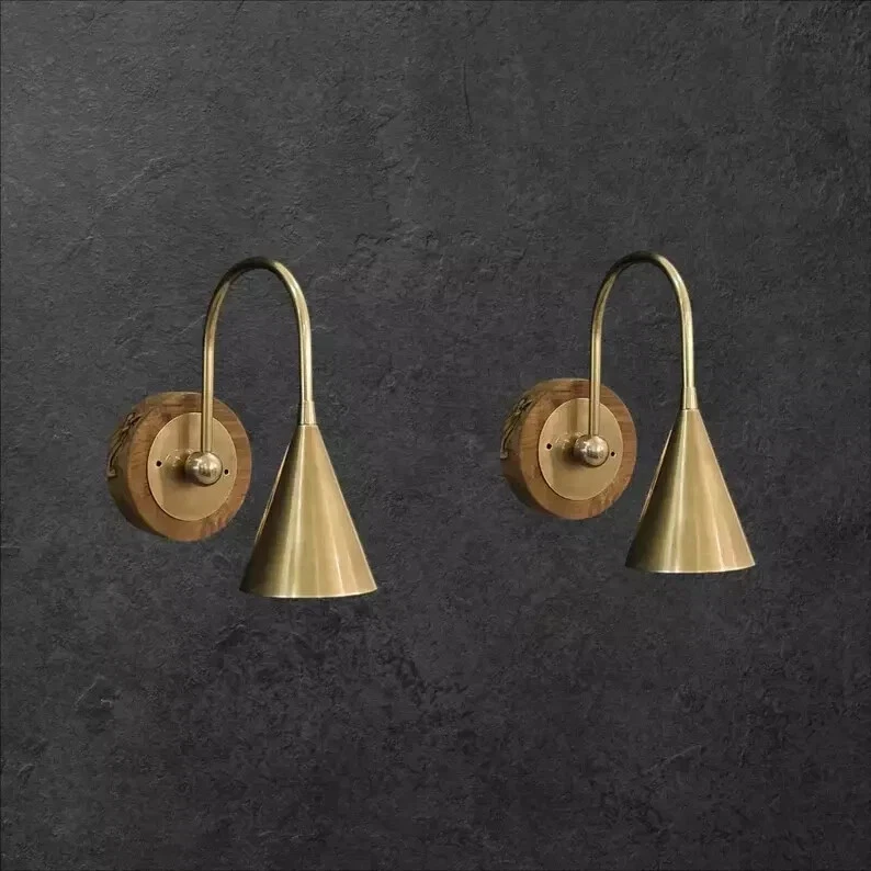 Handmade Pair of Raw brass wooden base Italian wall sconce Mid century Light - Image 1 of 4