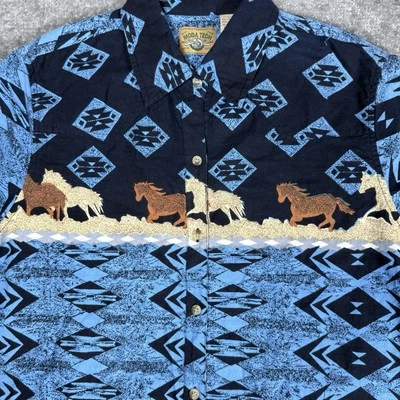 Moda Tech Shirt Men’s Large Blue Western Horse Button Up Short Sleeve Aztec - Image 1 of 4