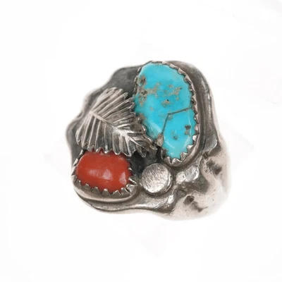 Anillo de hombre Zuni vintage plata, turquesa y coral talla 10 Foto 1 de 4