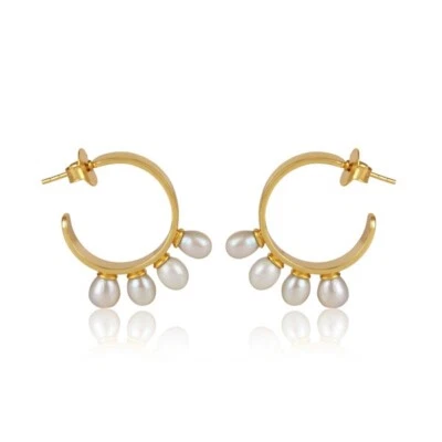 Pendientes de aro enchapados en oro amarillo de 18k con múltiples perlas elegantes joyas para mujer Foto 1 de 4