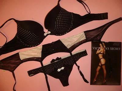 Victoria's Secret 34D BRA SET+GARTER+M thong panty Black White Polka dot TUXEDO - Image 1 of 4