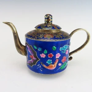 Tetera antigua cloisonne decoración Tíbet tallada en plata - Imagen 1 de 8