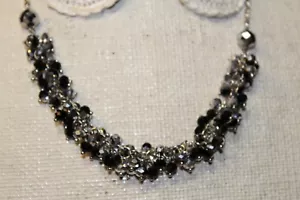 New on Card BT JEWELED Silvertone Gray & Black Crystal 18" Long Necklace - Picture 1 of 7