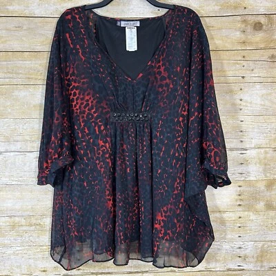 Jennifer Lopez Red & Black Embellished Animal Print Batwing Top L Blouse V Neck - Image 1 of 4