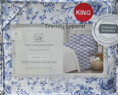 Juego de sábanas Shabby Chic Farmhouse, Rachel Ashwell, floral blanco, azul y verde, KING Foto 1 de 4