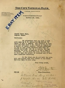 1923 Letterhead CIT NATIONAL BANK Corpus Christi Texas NORTON Pease Kenedy STONE - Picture 1 of 1