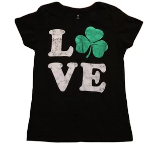 Four Leaf Clover Love Girls Black T-Shirt Green Foil Size L (12-14) St Patrick-D - Picture 1 of 5