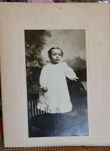 Antique Cabinet Photo Portrait B&W Embossed Cardboard Baby Toddler & Chair 3x6" - Picture 1 of 6