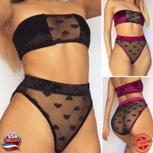 Womens Sheer Lace Bra & Panty Set High Waist Hearts Lingerie Underwear Sleepwear - Picture 1 of 5