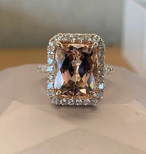 3Ct Cushion Cut Lab Created Peach Morganite Halo Ring 14K Rose Gold Plated - Picture 1 of 5