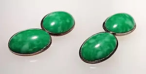 Vintage Silver Tone Green Bakolite Plastic Double Sided Pseudo Jade Cufflinks - Picture 1 of 5