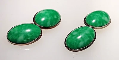 Gemelos pseudo jade doble cara de plástico bacolita verde tono plata vintage Foto 1 de 4