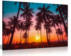 Coconut Palm Trees On Beach At Sunset Canvas Wall Art Picture Print - Picture 1 of 1