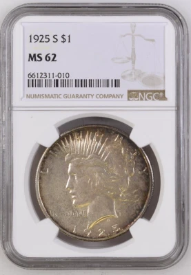 1925-S Silver Peace Dollar, NGC MS 62, Edge Toned - Image 1 of 2