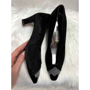 VINTAGE LANVIN Crystal Embellished Square Toe Low Heel Dress Pumps Black 7 - Picture 1 of 9