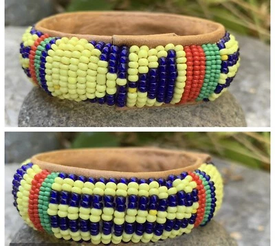 Native American Bracelet Beaded Leather Bangle Handmade Seed Bead Southwest - Image 1 of 4