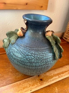 Ephraim Pottery Great White Oak Blue Crackle w Green Oak Leaves & Brown Acorns - Picture 1 of 11