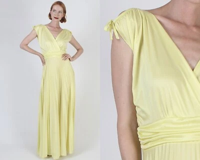 Vtg Canary Yellow Grecian Goddess Dress Floor Length Wrap Roman Toga Costume - Image 1 of 4