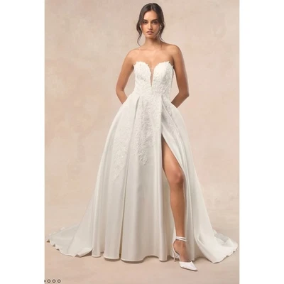 Lulus New! White Beaded Embroidered Strapless Gown Long Slit Bridal Wedding 4 - Image 1 of 4