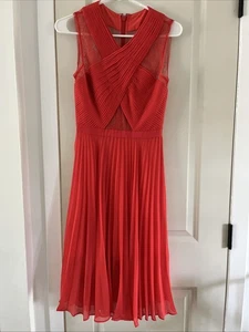 BCBGMAXAZRIA ‘Abbie' Pleated Laced Georgette A-Line Dress Poppy Orange-Red Sz 2 - Picture 1 of 14