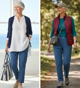 LL Bean Hose Damen Large Petite Blue Denim Pull On Gummibund Relaxed Leg - Bild 1 von 7