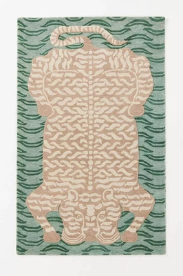 Handmade Wool Rug Beige Green Tiger Print Area Carpet Living Room Bedroom - Image 1 of 2