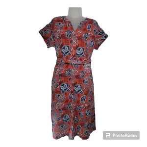 Wonderly Women Small Dress Boho Paisley Floral Belted Pockets Cotton Rust Navy  - Picture 1 of 15