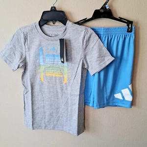 Adidas Shorts Set 7 Boys Blue Gray T-Shirt Graphics Logo - Picture 1 of 6